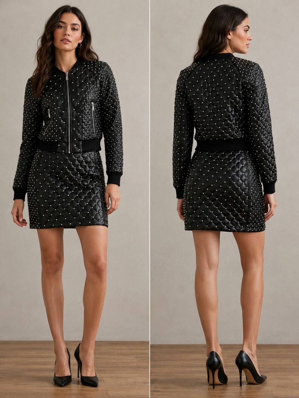 NWT Miss Circle Women's Faux Leather Black Quilted Jacket and Skirt Set Size XS